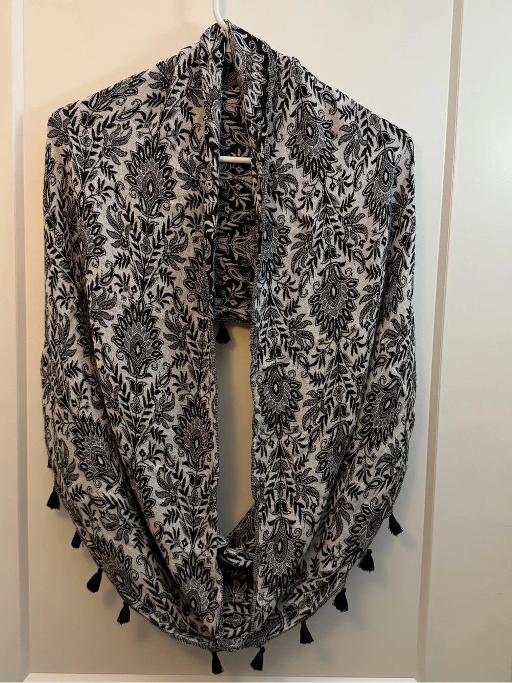 Black and White Floral Tassel Infinity Scarf